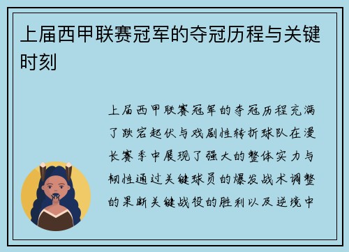 上届西甲联赛冠军的夺冠历程与关键时刻