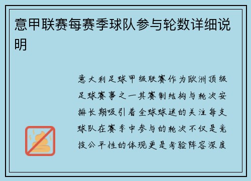 意甲联赛每赛季球队参与轮数详细说明