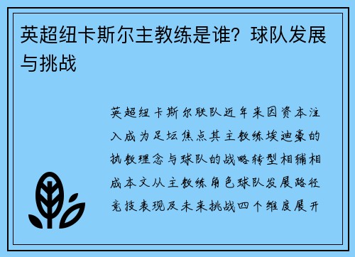 英超纽卡斯尔主教练是谁？球队发展与挑战