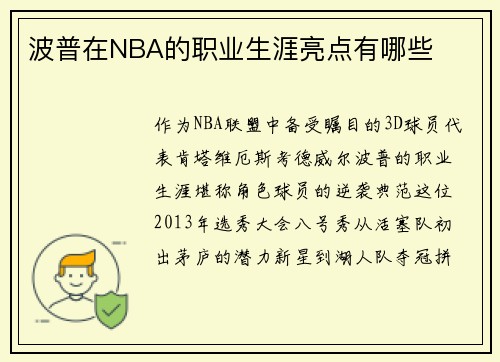 波普在NBA的职业生涯亮点有哪些